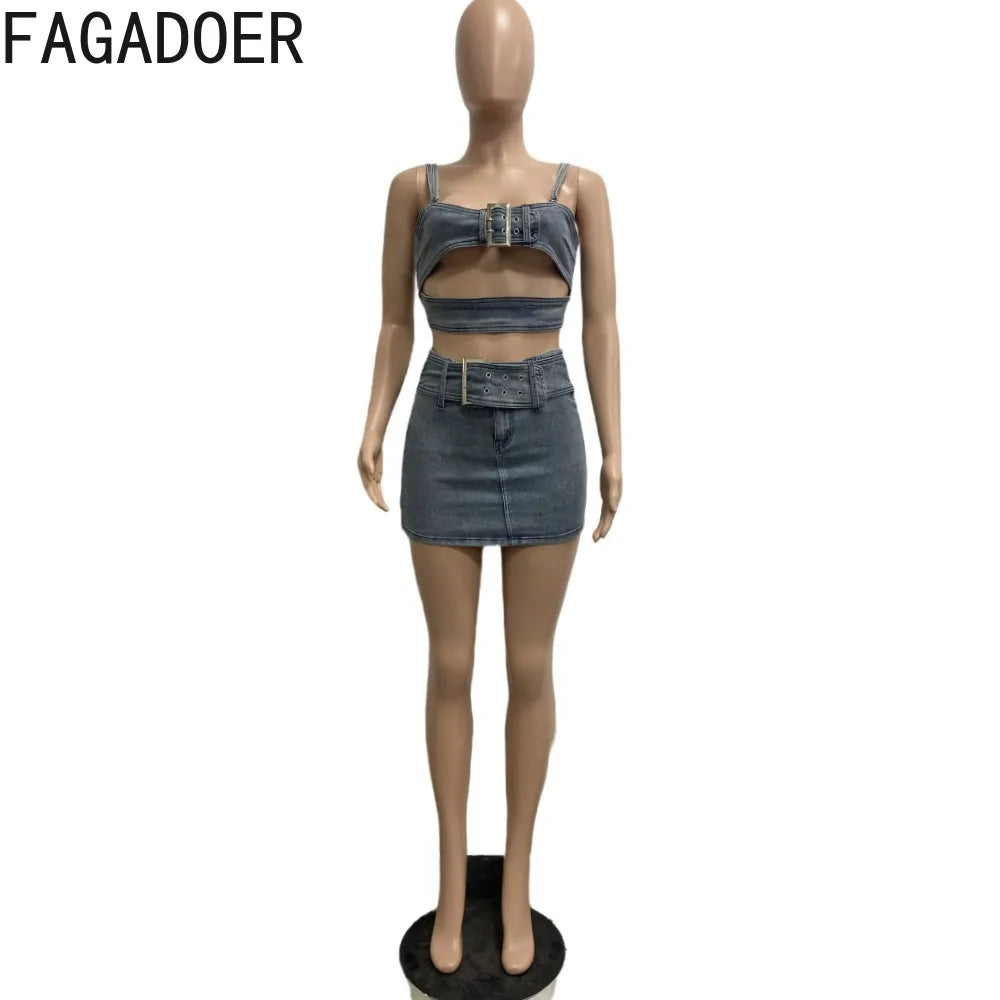 IMIEMIE FAGADOER Blue Fashion Hollow Out Elasticity Denim Two Piece Sets Women Thin Strap Sleeveless Tank Top And Skirts Cowboy Outfits