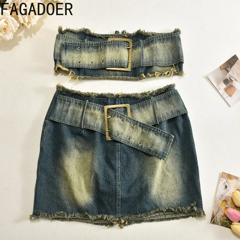 IMIEMIE FAGADOER Fashion Retro Distress Y2K Denim Streetwear Women Sleeveless Backless Tube And Belt Mini Skirts Cowboy Two Piece Sets