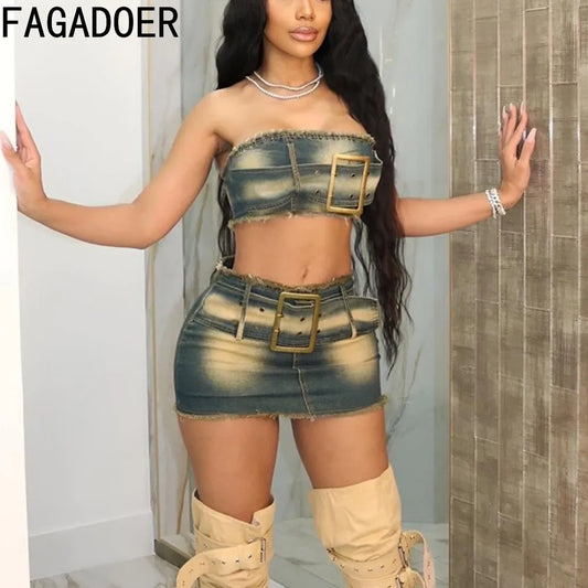 IMIEMIE FAGADOER Fashion Retro Distress Y2K Denim Streetwear Women Sleeveless Backless Tube And Belt Mini Skirts Cowboy Two Piece Sets