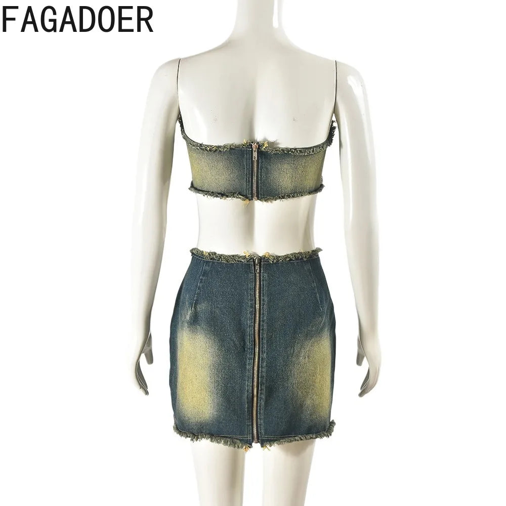 IMIEMIE FAGADOER Fashion Retro Distress Y2K Denim Streetwear Women Sleeveless Backless Tube And Belt Mini Skirts Cowboy Two Piece Sets