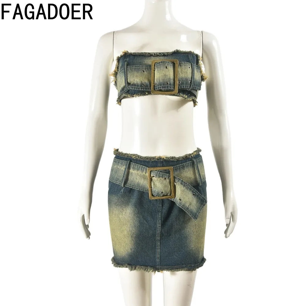 IMIEMIE FAGADOER Fashion Retro Distress Y2K Denim Streetwear Women Sleeveless Backless Tube And Belt Mini Skirts Cowboy Two Piece Sets