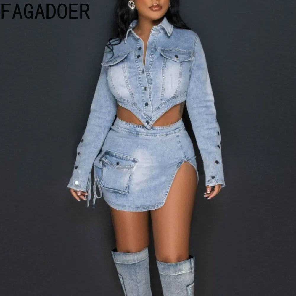 IMIEMIE FAGADOER Fashion Streetwear Women Denim Button Long Sleeve Irregular Crop Top And Mini Slit Skirt Outfits Female Cowboy Clothing