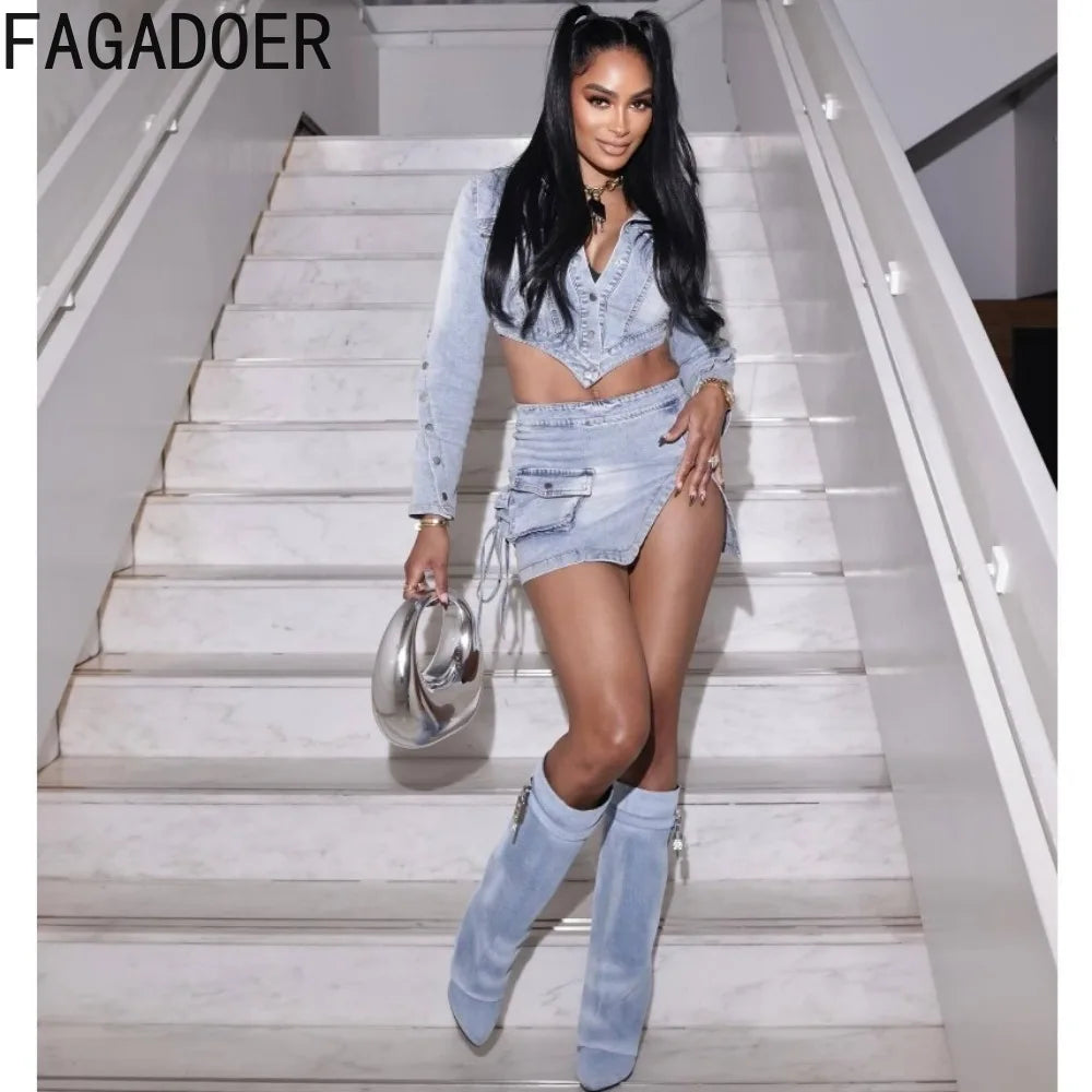 IMIEMIE FAGADOER Fashion Streetwear Women Denim Button Long Sleeve Irregular Crop Top And Mini Slit Skirt Outfits Female Cowboy Clothing