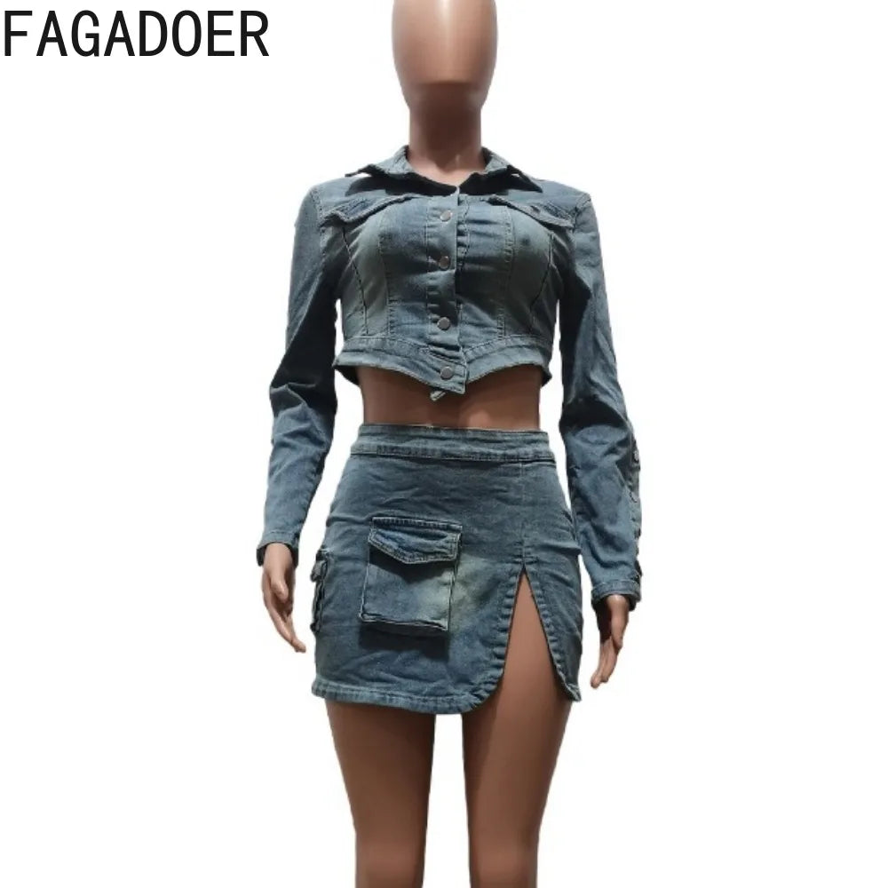 IMIEMIE FAGADOER Fashion Streetwear Women Denim Button Long Sleeve Irregular Crop Top And Mini Slit Skirt Outfits Female Cowboy Clothing