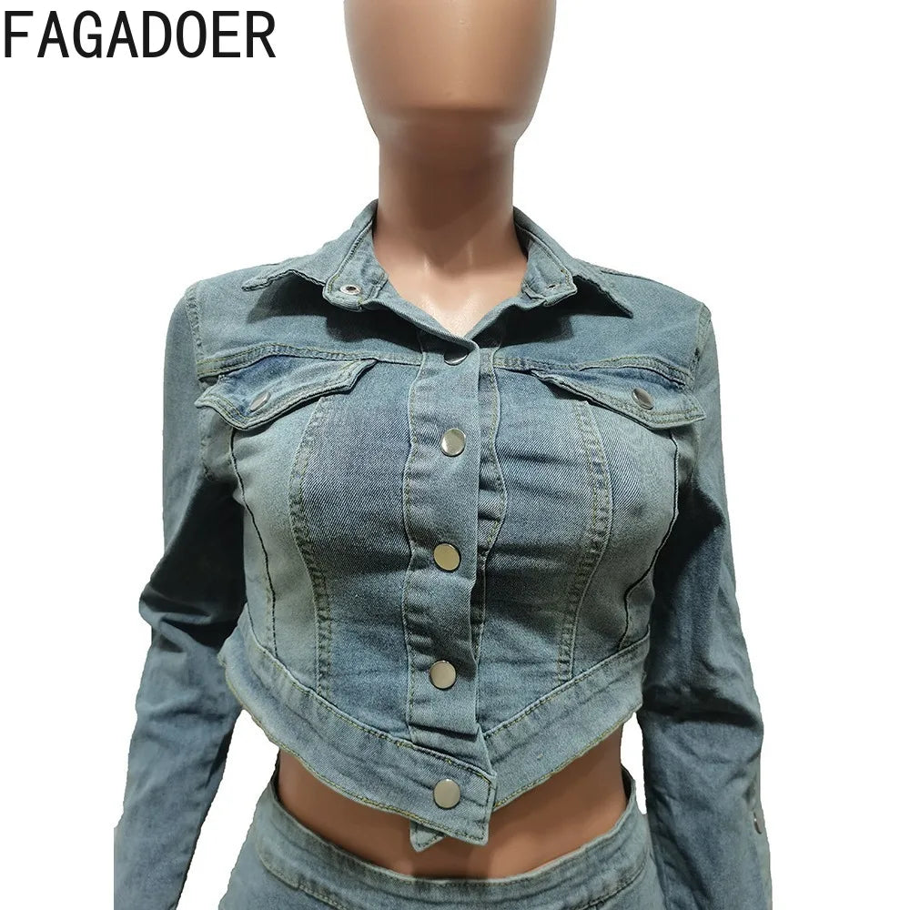 IMIEMIE FAGADOER Fashion Streetwear Women Denim Button Long Sleeve Irregular Crop Top And Mini Slit Skirt Outfits Female Cowboy Clothing