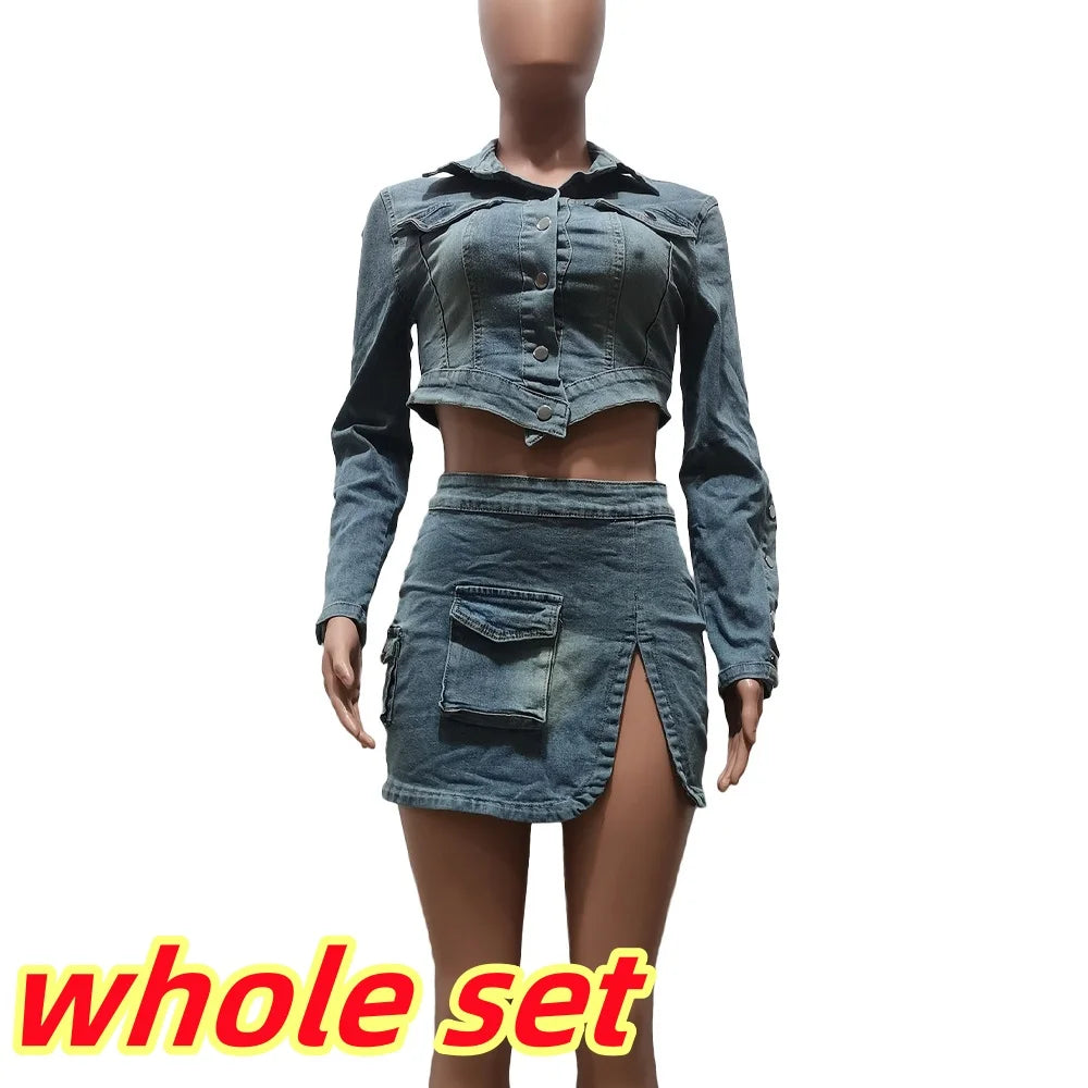 IMIEMIE FAGADOER Fashion Streetwear Women Denim Button Long Sleeve Irregular Crop Top And Mini Slit Skirt Outfits Female Cowboy Clothing