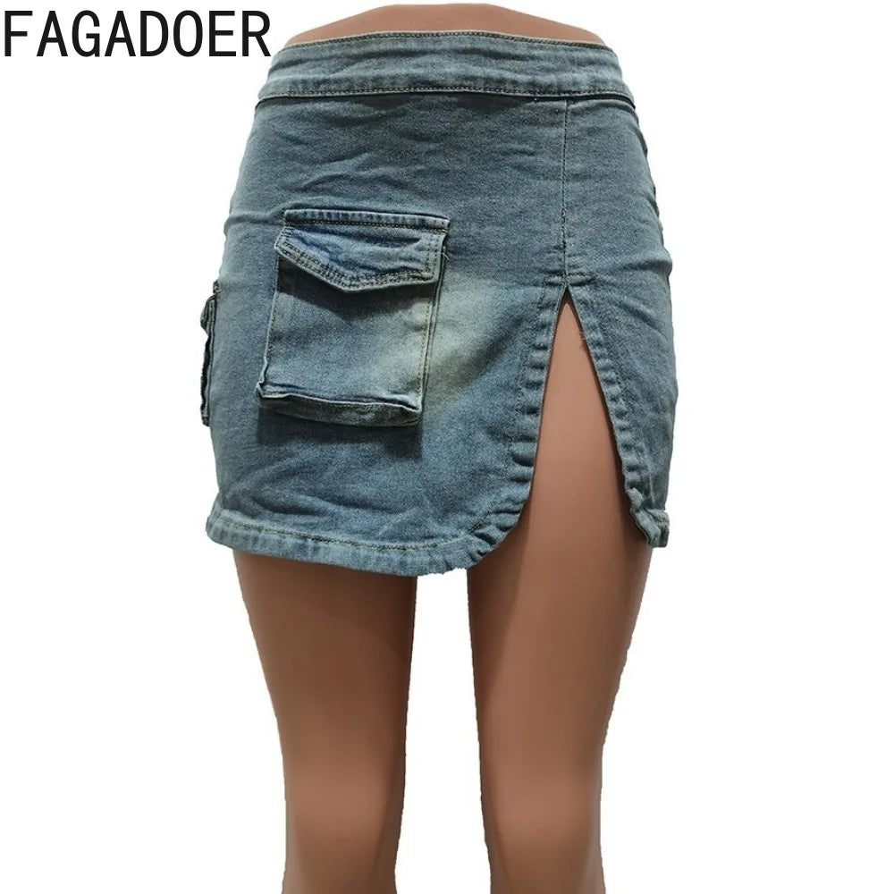 IMIEMIE FAGADOER Fashion Streetwear Women Denim Button Long Sleeve Irregular Crop Top And Mini Slit Skirt Outfits Female Cowboy Clothing