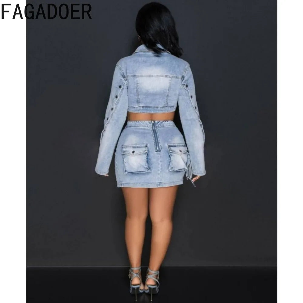 IMIEMIE FAGADOER Fashion Streetwear Women Denim Button Long Sleeve Irregular Crop Top And Mini Slit Skirt Outfits Female Cowboy Clothing