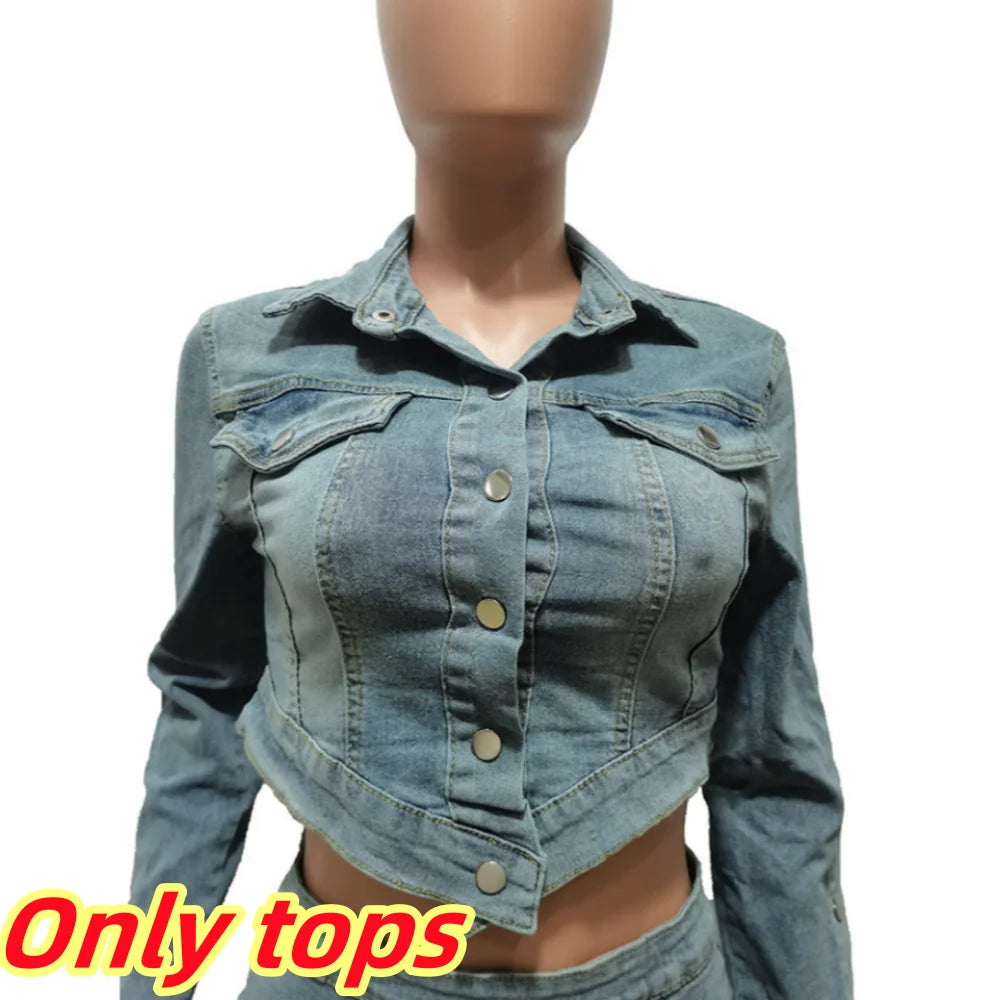 IMIEMIE FAGADOER Fashion Streetwear Women Denim Button Long Sleeve Irregular Crop Top And Mini Slit Skirt Outfits Female Cowboy Clothing