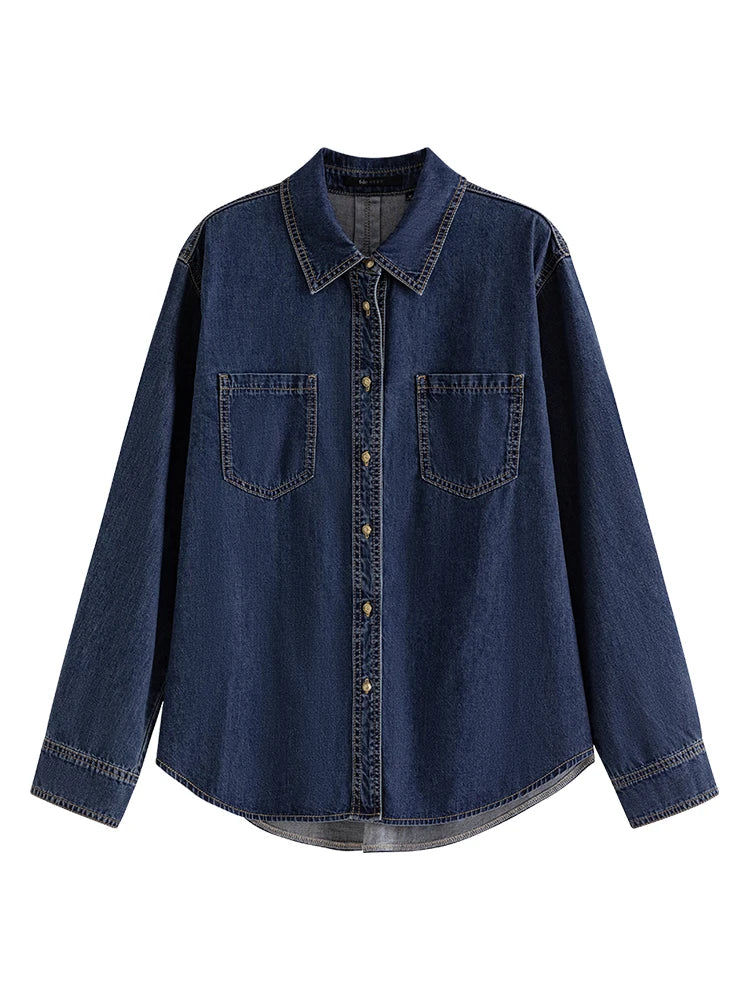 IMIEMIE FSLE Deep Blue Soft Denim Shirt Women's Autumn Winter Long Sleeved Retro Casual Layered Shirt Blue Women Tops For Work