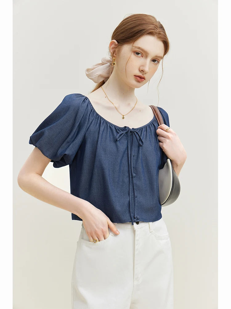 IMIEMIE FSLE Navy blue Women Summer Blouse Skirt Suits Round Neck Balloon Sleeve Cropped Shirt Wood Ear Design Female Long Cake Skirts