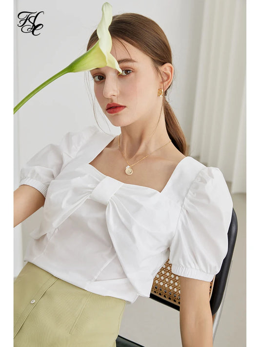 IMIEMIE FSLE Office Lady Puff Sleeve Tops Women Bowknot Square Collar White Shirt Women Summer Short Sleeve Women Blouses