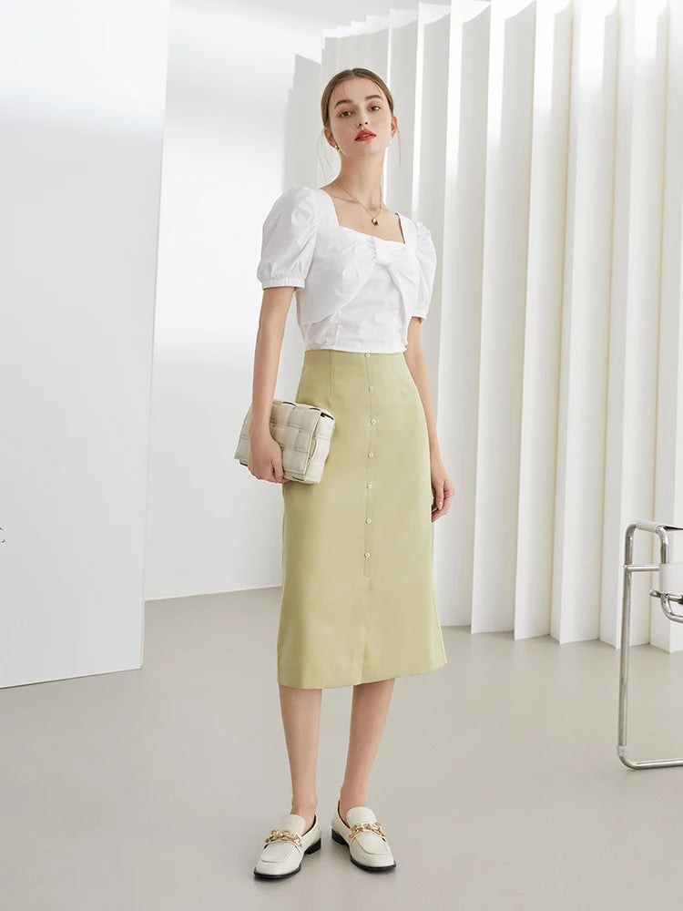 IMIEMIE FSLE Office Lady Puff Sleeve Tops Women Bowknot Square Collar White Shirt Women Summer Short Sleeve Women Blouses