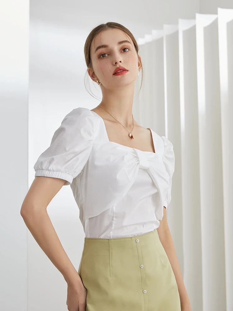 IMIEMIE FSLE Office Lady Puff Sleeve Tops Women Bowknot Square Collar White Shirt Women Summer Short Sleeve Women Blouses