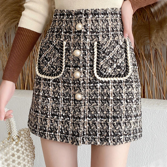 IMIEMIE Fall Winter Plaid Tweed Skirt Womens Thick Woolen Pearl Button Front Pocket Glitter Mini Skirt Saia Feminina