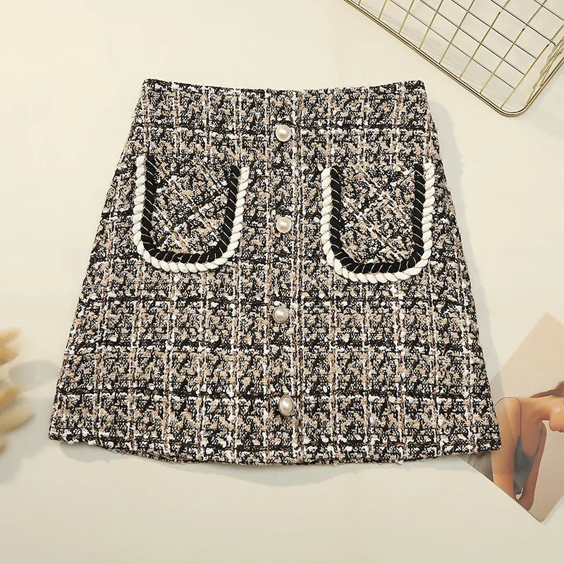 IMIEMIE Fall Winter Plaid Tweed Skirt Womens Thick Woolen Pearl Button Front Pocket Glitter Mini Skirt Saia Feminina