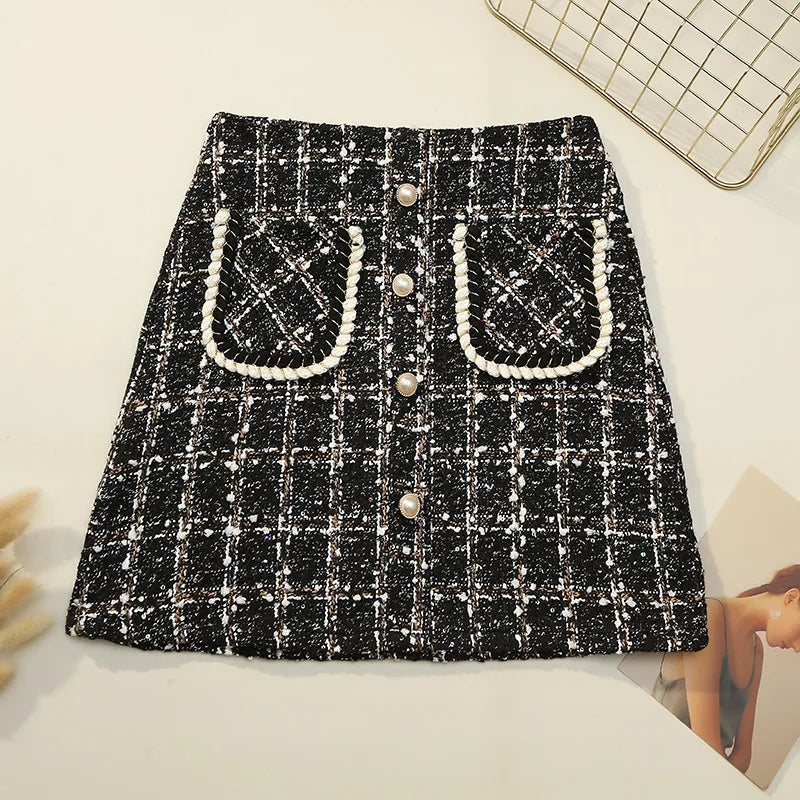 IMIEMIE Fall Winter Plaid Tweed Skirt Womens Thick Woolen Pearl Button Front Pocket Glitter Mini Skirt Saia Feminina