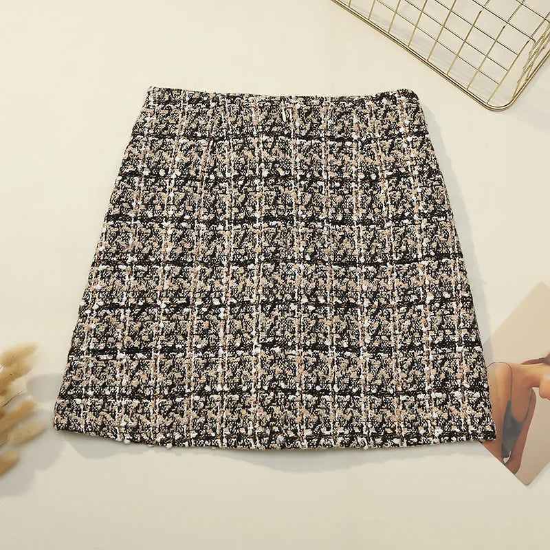 IMIEMIE Fall Winter Plaid Tweed Skirt Womens Thick Woolen Pearl Button Front Pocket Glitter Mini Skirt Saia Feminina