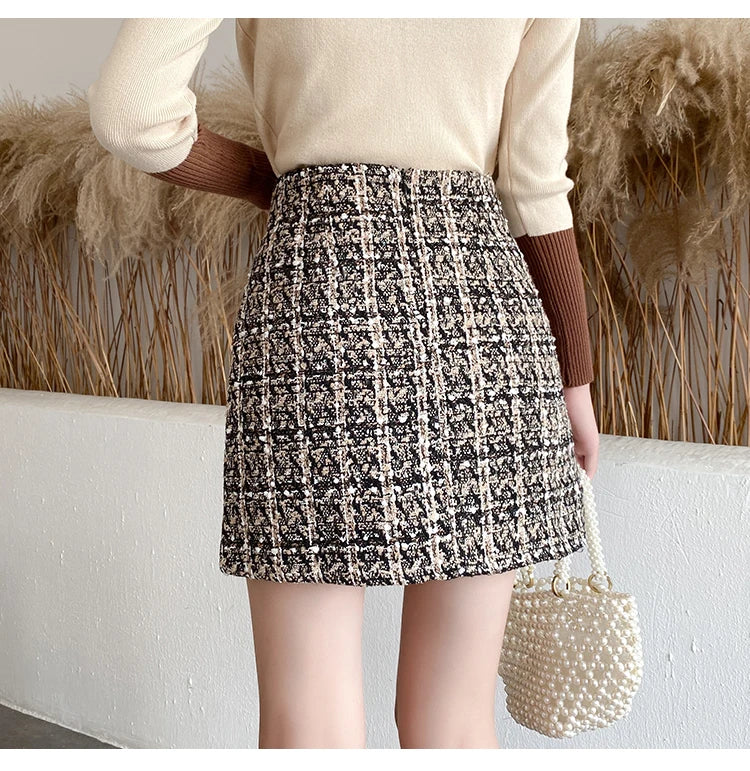 IMIEMIE Fall Winter Plaid Tweed Skirt Womens Thick Woolen Pearl Button Front Pocket Glitter Mini Skirt Saia Feminina