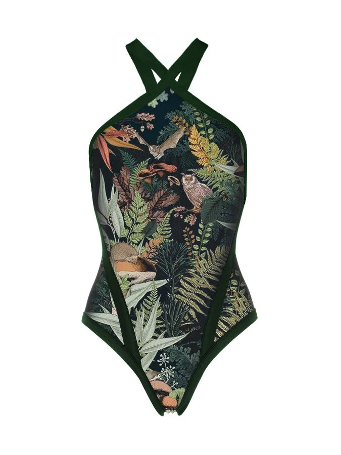 IMIEMIE Fantasy Jungle One-Piece Swimsuit Cover Up  Female Retro Swimwear Flower Printed Bathing Suit Luxy Bikini