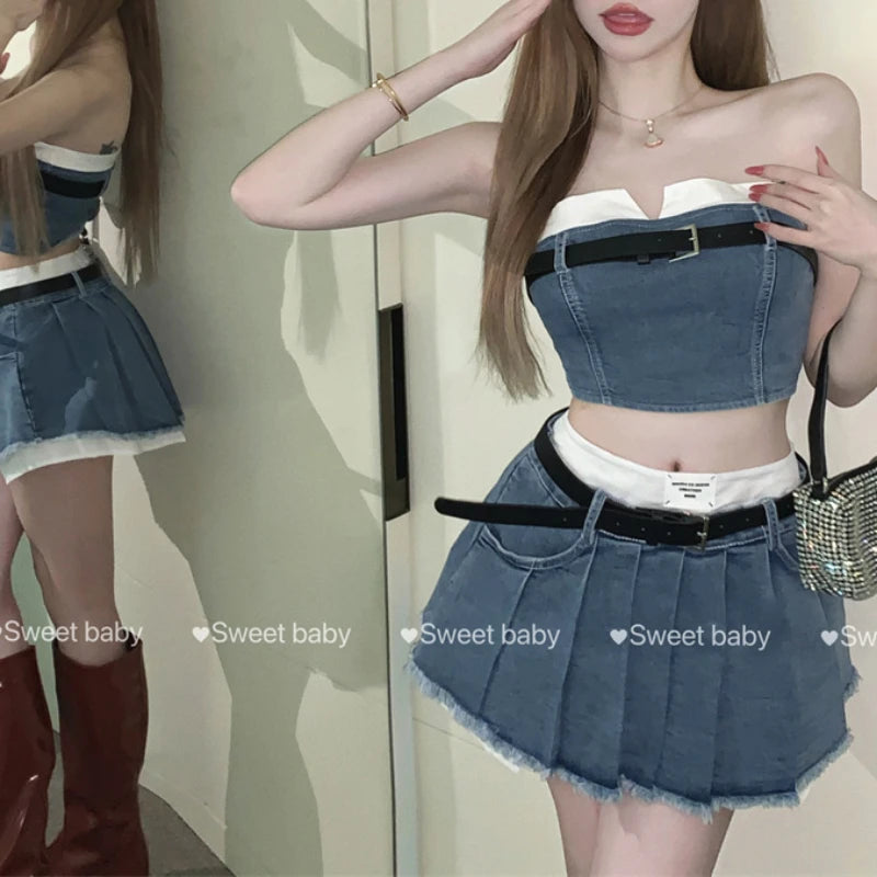 IMIEMIE Fashion American Retro Y2K Sexy Denim Suits Women Strapless Mini Top+ Pleated Mini Skirt Vintage Beach Two Pieces S