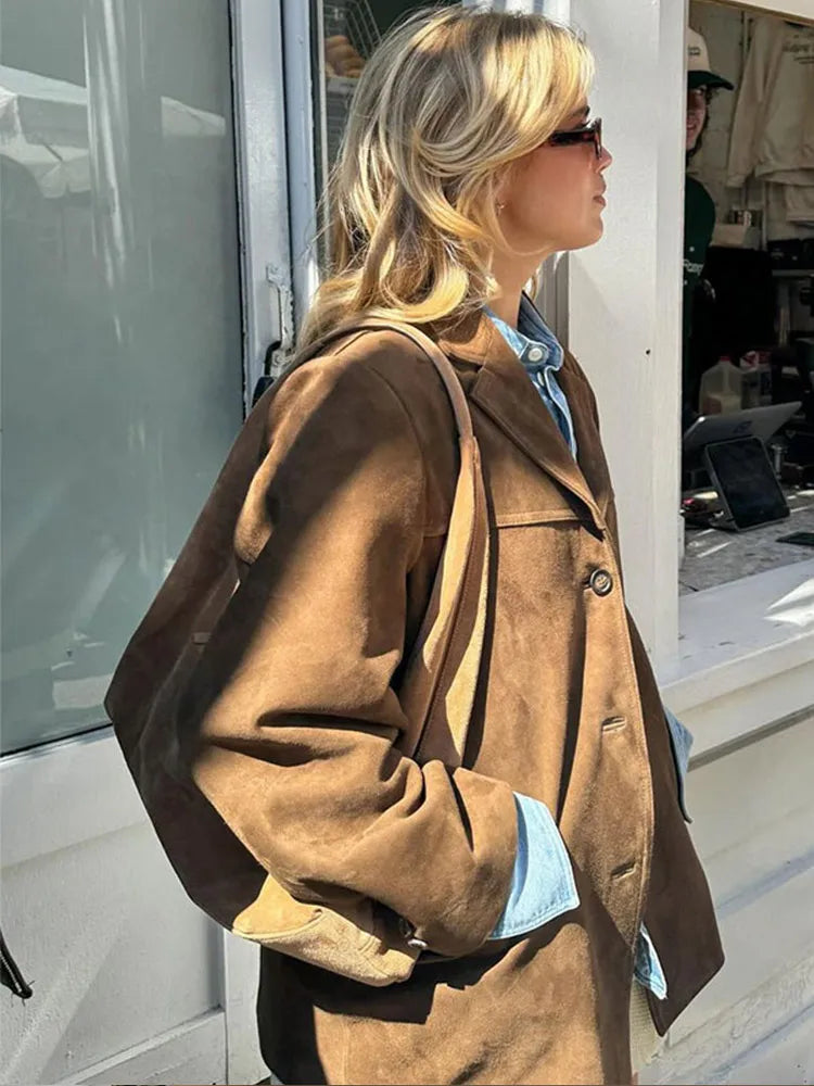 IMIEMIE Fashion Brown Lapel With Pocket Jacket Woman Casual Single Breasted Long Sleeve Short Coat 2024 Lady Autumn High Street Outwear