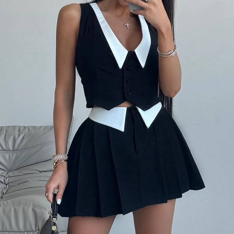 IMIEMIE Fashion Contrast Color High Street Outfits New Elegant V-neck Sleeveless Button Vest Tops+Pleat Mini Skirt Suit Summer Slim Set