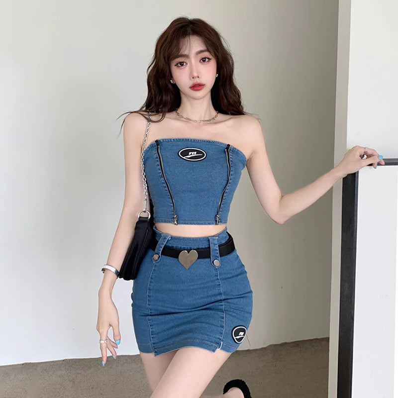 IMIEMIE Fashion Denim Women's Suit Summer 2024 Set Woman 2 Pieces Strapless Backless Tube Top And Mini Bodycon skirt Female Set Outifits