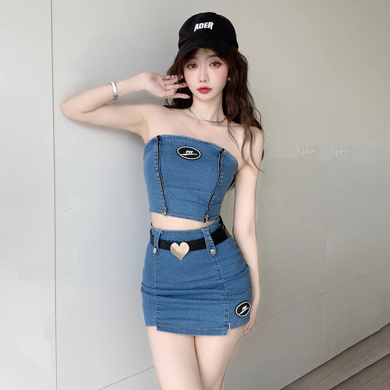 IMIEMIE Fashion Denim Women's Suit Summer 2024 Set Woman 2 Pieces Strapless Backless Tube Top And Mini Bodycon skirt Female Set Outifits