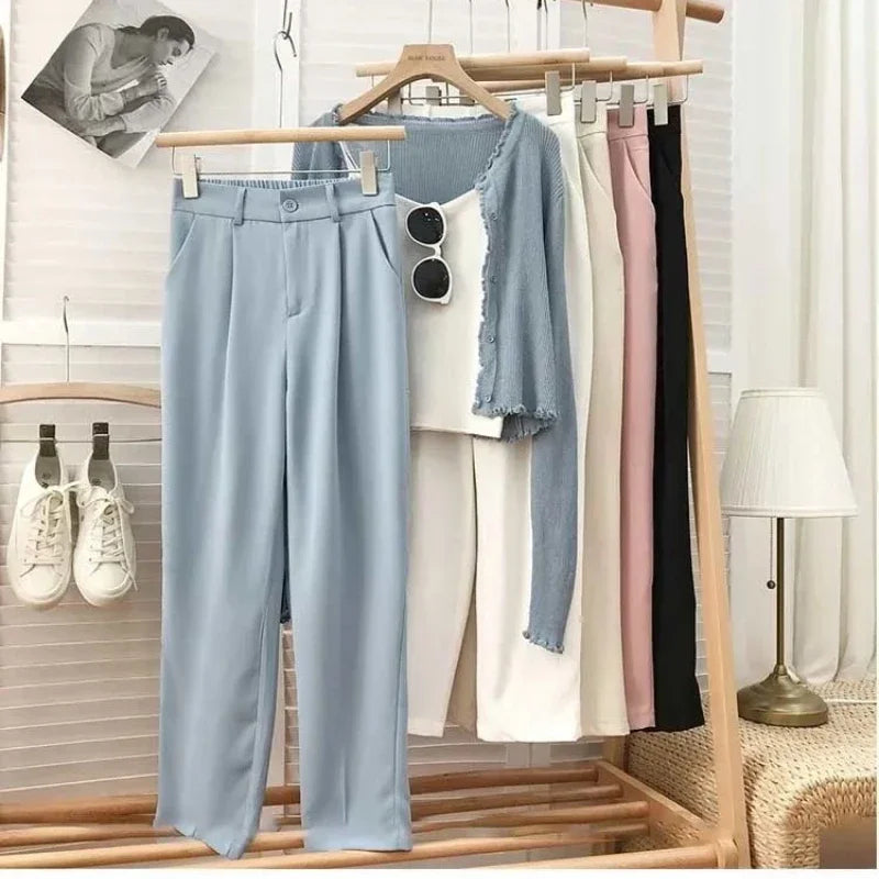 IMIEMIE Fashion Elastic High Waist Pants Women 2024 Spring Casual Loose Straight Black Trouser Female Nine Points Suit Pant Streetwear