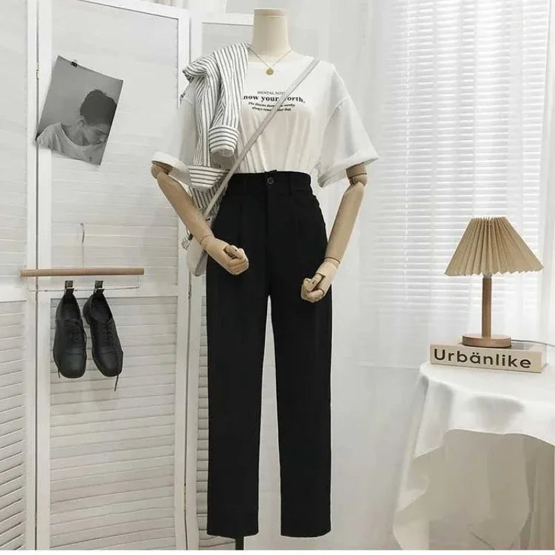 IMIEMIE Fashion Elastic High Waist Pants Women 2024 Spring Casual Loose Straight Black Trouser Female Nine Points Suit Pant Streetwear