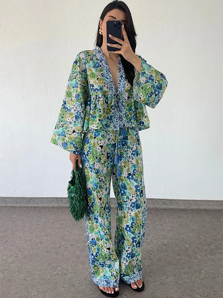 IMIEMIE Fashion Floral Printed Long Pant Set for Women Chic Lace Up Long Sleeve Shirt Loose Wide Leg Trousers 2024 Autumn Female Suit