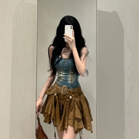 IMIEMIE Fashion Heavy Slim Fit Denim Camisole Vest+ Y2k E-Girl High Waist Irregular Ruched Skirts 2024 Spring New Two Piece Sets