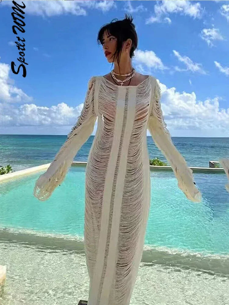 IMIEMIE Fashion Hollow Out Knitted Maxi Dress For Women Casual Loose O Neck Backless Long Sleeve Dresses 2024 New Lady Beach Party Robes