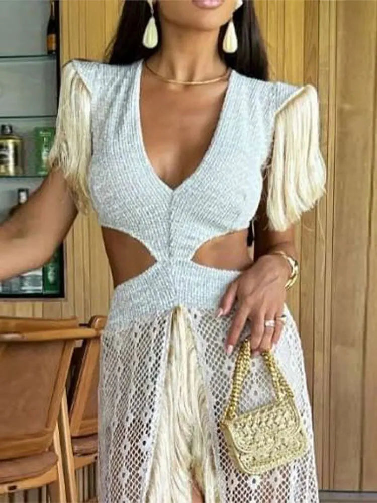 IMIEMIE Fashion Hollow Out Tassels Mesh Patchwork Dress Women Elegant V-neck Short Sleeves Long Robes 2024 Chic Party Club Vestidos Robe