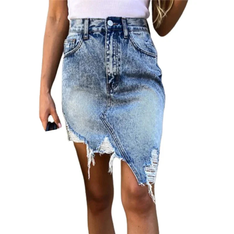 IMIEMIE Fashion Irregular Hem Wrap Hip Skirt 2024 Summer Slim Broken Holes Denim Half-body Dresses Female Comfortable Casual Streetwear