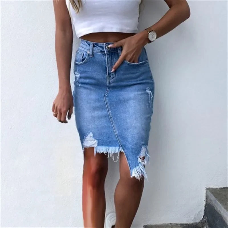 IMIEMIE Fashion Irregular Hem Wrap Hip Skirt 2024 Summer Slim Broken Holes Denim Half-body Dresses Female Comfortable Casual Streetwear