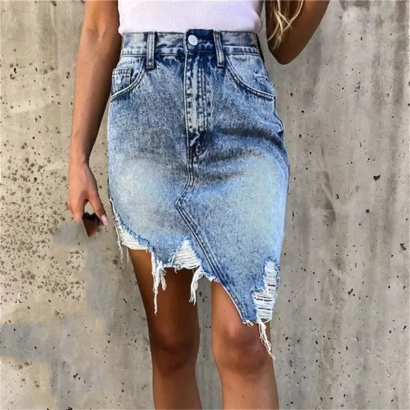 IMIEMIE Fashion Irregular Hem Wrap Hip Skirt 2024 Summer Slim Broken Holes Denim Half-body Dresses Female Comfortable Casual Streetwear