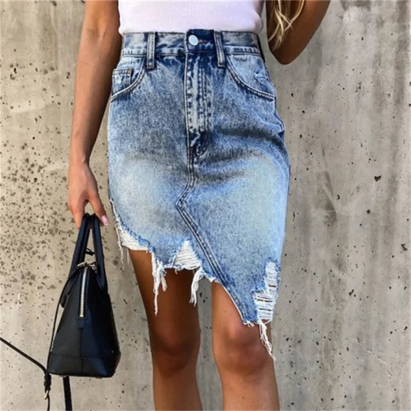 IMIEMIE Fashion Irregular Hem Wrap Hip Skirt 2024 Summer Slim Broken Holes Denim Half-body Dresses Female Comfortable Casual Streetwear