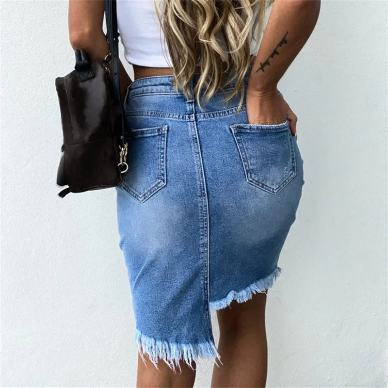 IMIEMIE Fashion Irregular Hem Wrap Hip Skirt 2024 Summer Slim Broken Holes Denim Half-body Dresses Female Comfortable Casual Streetwear