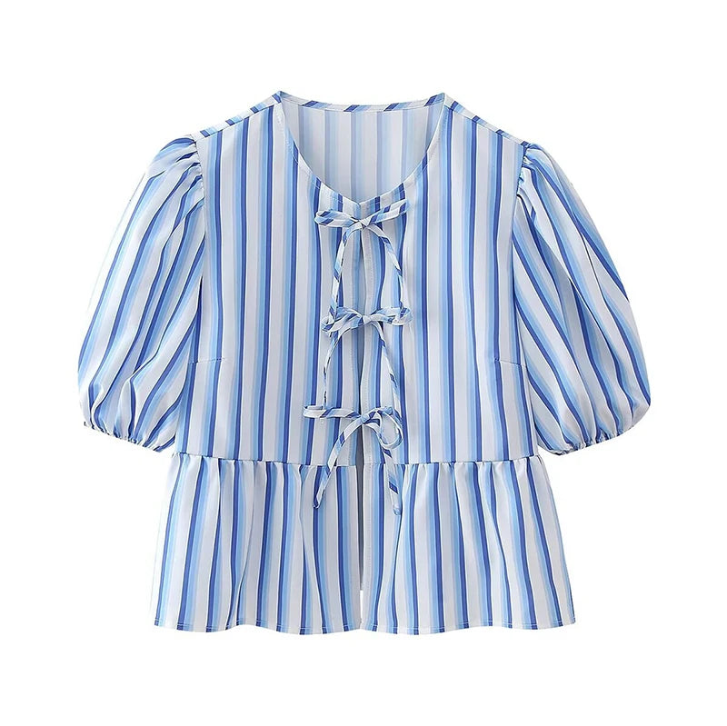 IMIEMIE Fashion Lace Up Striped Shirt for Women 2024 Spring Summer Chic Bow O-neck Loose Short Sleeve Shirts Female New Commuter Blouses