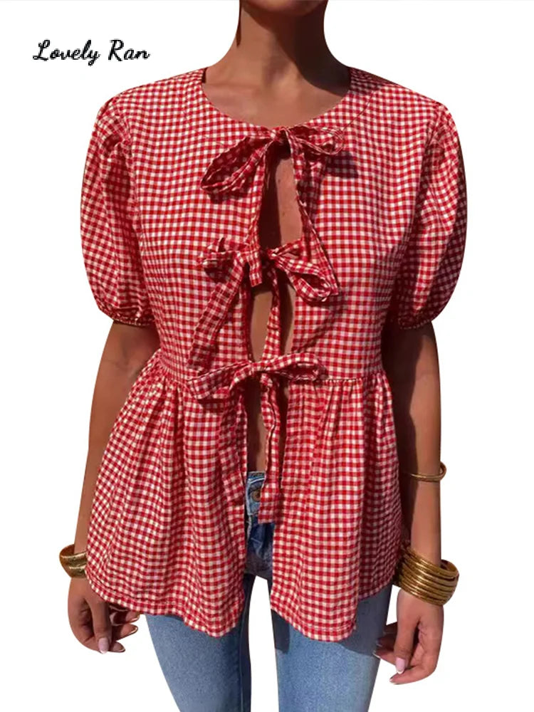 IMIEMIE Fashion Laced Up Bow Plaid Women Shirt Casual Hollow Out O-neck Female Shirt 2024 Spring Summer Pleated Elegant Lady Outwear