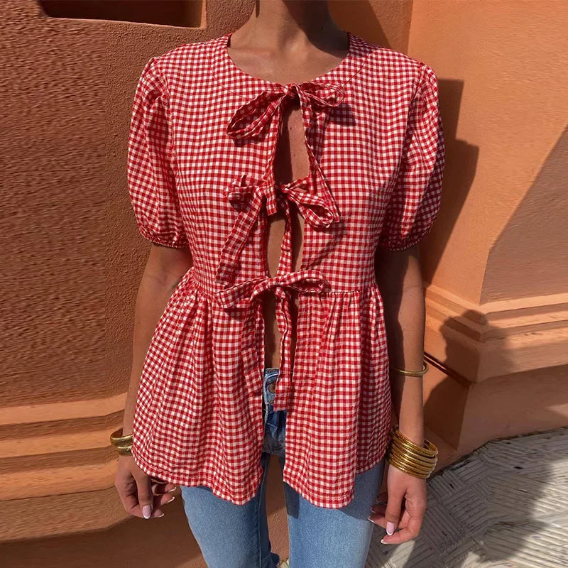 IMIEMIE Fashion Laced Up Bow Plaid Women Shirt Casual Hollow Out O-neck Female Shirt 2024 Spring Summer Pleated Elegant Lady Outwear