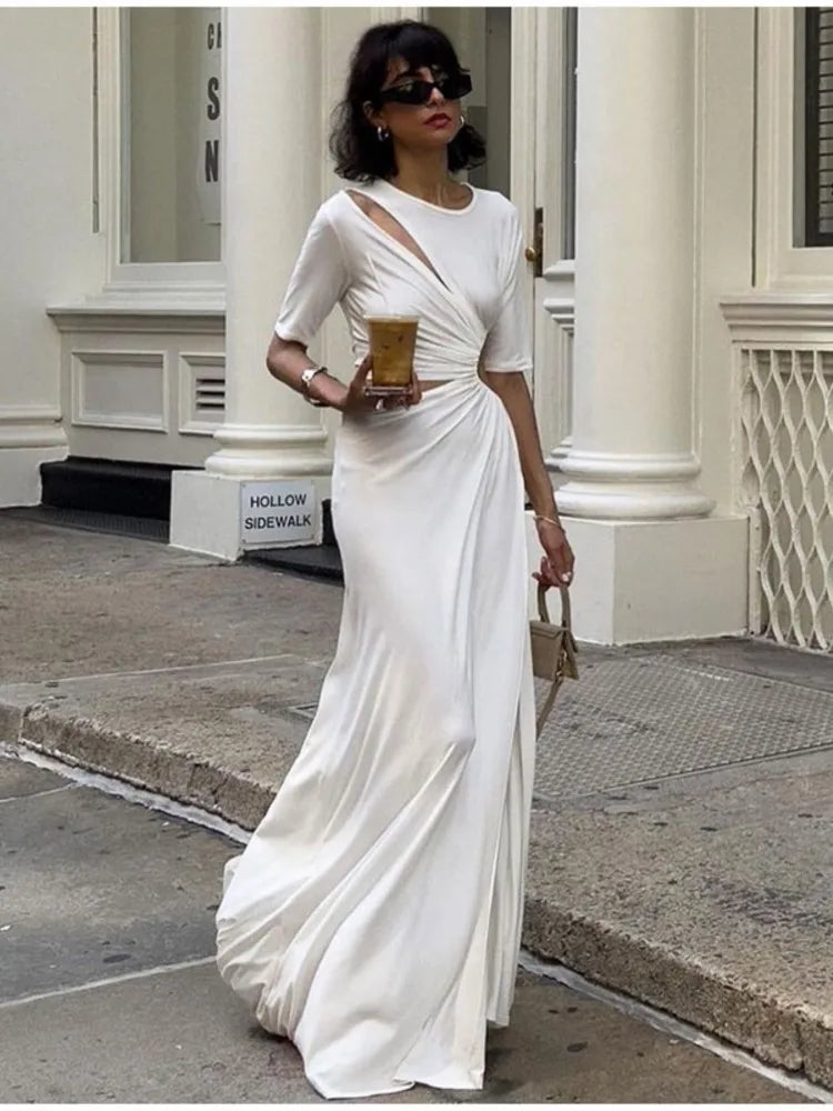 IMIEMIE Fashion O-neck Pleated Cut Out Long Dress Women Elegant Short Sleeve High Waist White Maxi Dresses Female 2024 Party Streetwear