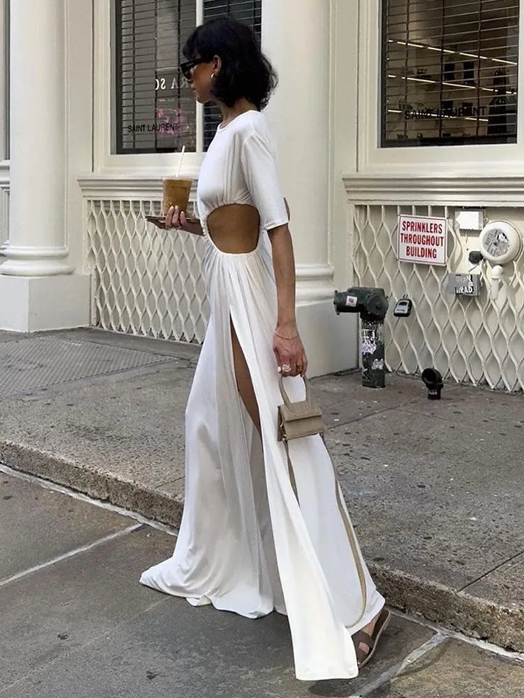 IMIEMIE Fashion O-neck Pleated Cut Out Long Dress Women Elegant Short Sleeve High Waist White Maxi Dresses Female 2024 Party Streetwear