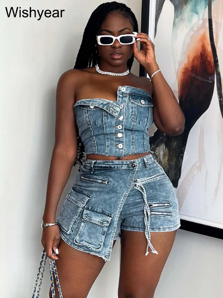 IMIEMIE Fashion Pocket Irregular Shorts and Tube Tops 2 Two Piece Sets Denim Stretch Women Summer Birthday Club Outfit Female Streetwear