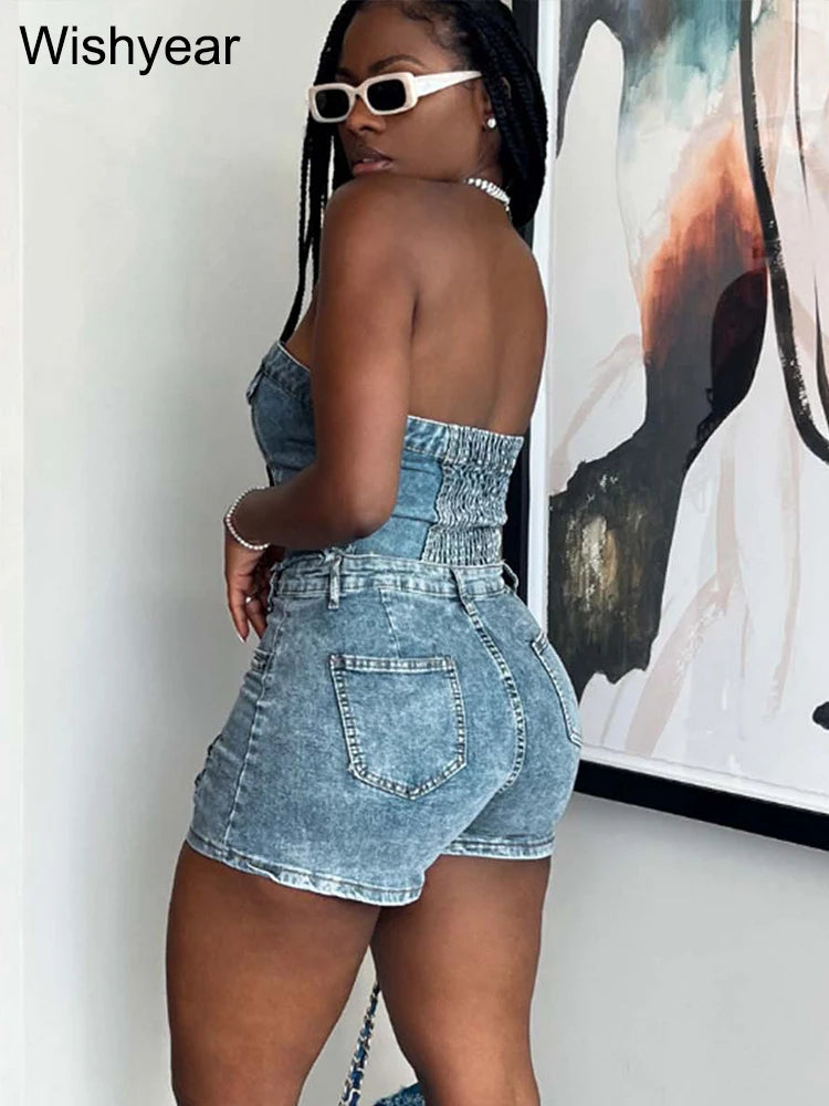 IMIEMIE Fashion Pocket Irregular Shorts and Tube Tops 2 Two Piece Sets Denim Stretch Women Summer Birthday Club Outfit Female Streetwear