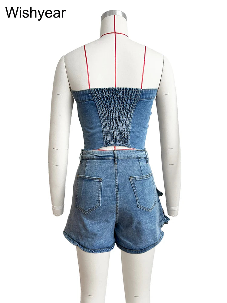 IMIEMIE Fashion Pocket Irregular Shorts and Tube Tops 2 Two Piece Sets Denim Stretch Women Summer Birthday Club Outfit Female Streetwear