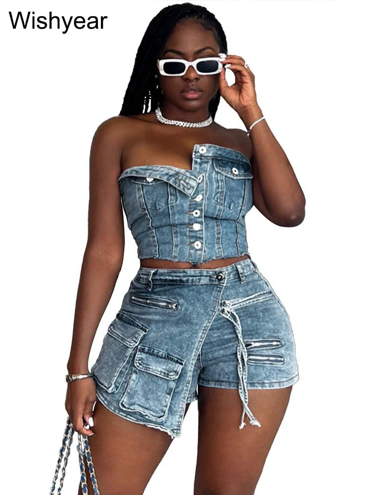 IMIEMIE Fashion Pocket Irregular Shorts and Tube Tops 2 Two Piece Sets Denim Stretch Women Summer Birthday Club Outfit Female Streetwear