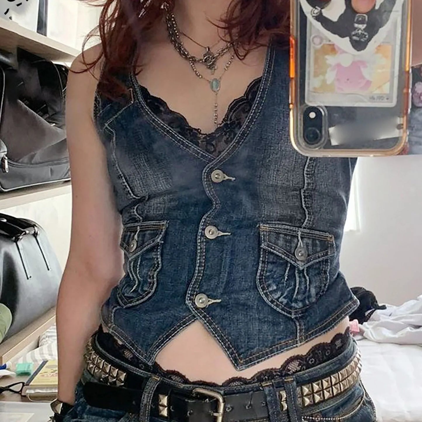 IMIEMIE Fashion Retro Y2K Denim Vest V Neck Button Pocket Slim Short Denim Vest Women's Sleeveless Denim Jacket Vest Top Streetwear